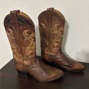 Tony Lama USA Western Cowboy Boots Mens 9D Brown Lizard Print Leather Vintage